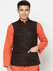 Fabindia Men Black & Orange Checked Woven-Design Nehru Jacket