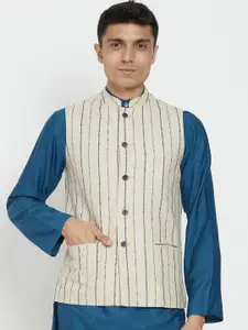 Fabindia Men Off White & Blue Striped Linen Cotton Woven Nehru Jacket