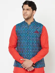 Fabindia Men Blue Woven Design Woollen Slim-Fit Nehru Jackets