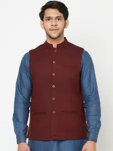 Fabindia Men Maroon Solid Wool Tweed Nehru Jackets