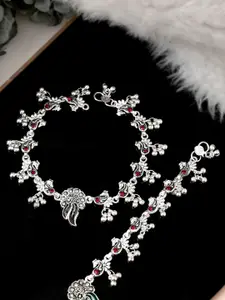 Silvermerc Designs Oxidized Silver-Plated & Red Stone-Studded Anklets