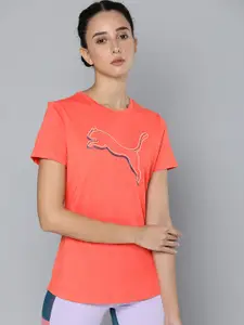 Puma Women Orange Brand Logo Printed Round-Neck Sports Regular Fit T-shirt