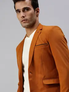 SHOWOFF Men Tan Brown Solid Slim-Fit Single-Breasted Casual Blazers