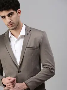 SHOWOFF Men Grey Solid Slim-Fit Single-Breasted Casual Blazers