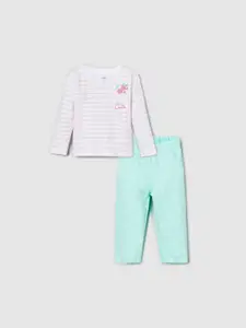max Girls Infant White & Teal Pure Cotton Striped Top with Trousers