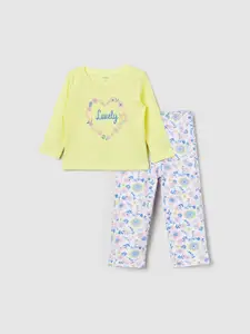 max Girls Yellow & White Printed Cotton T-shirt with Pyjama