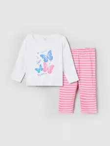 max Girls White & Pink Printed Pure Cotton T-shirt with Trousers