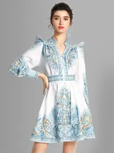 JC Collection Women White & Blue Ethnic Motifs Printed Dress