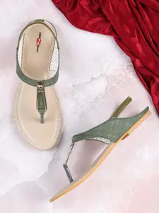Shezone Women Green Textured T-Strap Flats