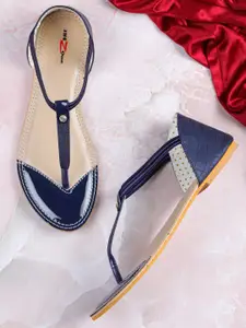 Shezone Women Blue T-Strap Flats with Laser Cuts