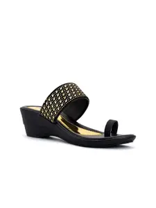 Khadims Black & Gold-Toned Embellished Ethnic Wedge Sandals