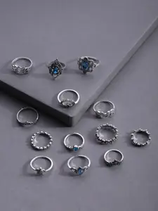 Jewels Galaxy Women Set of 13 Silver-Plated Oxidized Finger Rings