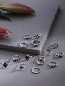 Jewels Galaxy Set Of 15 Oxidised Silver-Plated Finger Ring