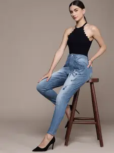 bebe Women Indigo Denim Daze Super Skinny Fit High-Rise Embroidered Jeans