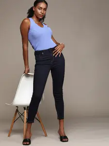 bebe Women Dark Indigo Denim Daze Super Skinny Fit High-Rise Stretchable Jeans