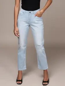 bebe Women Light Indigo Denim Daze Straight Fit Mildly Distressed Jeans