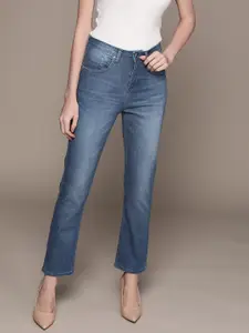 bebe Women Medium Indigo Denim Daze Straight Fit High-Rise Light Fade Stretchable Jeans