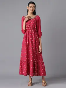 AURELIA Women Pink & Gold-Toned Ethnic Motifs Maxi Cotton Dress