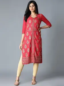 AURELIA Women Peach-Coloured Ethnic Motifs Printed Keyhole Neck Flared Sleeves Kurta