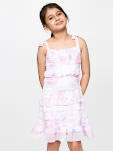 AND Girls White & Pink Printed Georgette Dress