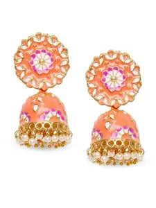 Mahi Gold-Toned & Peach-Coloured Dome Shaped Jhumkas Earrings