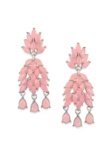 Mahi Rhodium-Plated Pink Crystals Leaf Shaped Drop Earrings