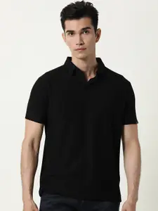 RARE RABBIT Men Black Polo Collar Slim Fit Cotton T-shirt