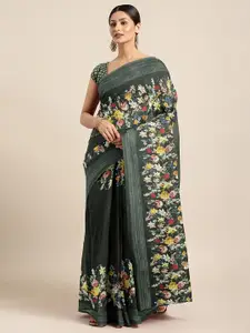 Shaily Green & Yellow Floral Zari Linen Blend Saree