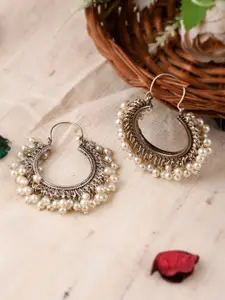Shoshaa Silver-Toned & White Contemporary Hoop Earrings