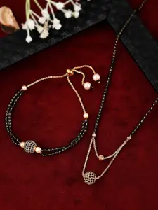 Shoshaa Set of 2 Gold-Plated Black Stone-Studded Beaded Mangalsutra With Bracelet