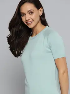 M&H Easy Women Sea Green Solid Ribbed Detail Pure Cotton T-shirt