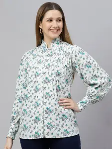 FLAMBOYANT White Floral Print Crepe Shirt Style Top