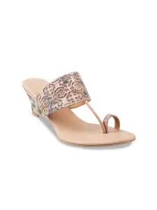 Metro Peach-Coloured Embellished Wedge Sandals