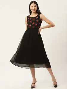 Slenor Black & Red Floral Georgette Midi Dress