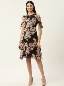 Slenor Black & Peach-Coloured Floral Georgette Dress
