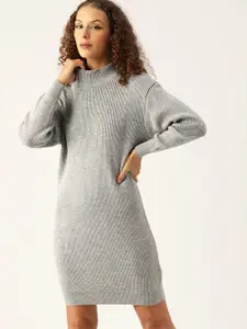 Kook N Keech Women Grey Ribbed High Neck Jumper Dress