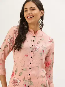SHOWOFF Women Peach-Coloured Floral Printed Thread Work Floral Georgette Kurta