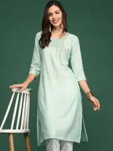 SHOWOFF Women Sea Green Embroidered Pastels Kurta