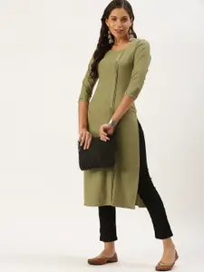 SHOWOFF Women Olive Green Keyhole Neck Thread Work Kurta