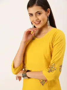 SHOWOFF Women Mustard Yellow Thread Work Kurta