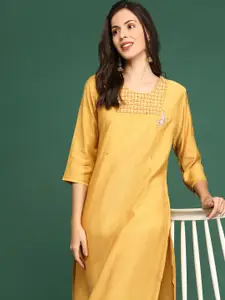 SHOWOFF Women Mustard Yellow Floral Embroidered Straight Kurta