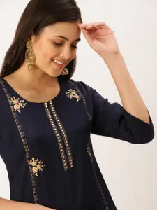 SHOWOFF Women Navy Blue Embellished Thread Work Floral Jacquard Kurta