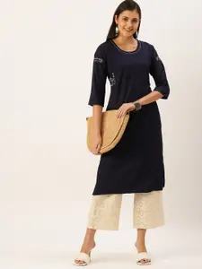 SHOWOFF Women Navy Blue Flared Sleeves Thread Work Floral Kurta
