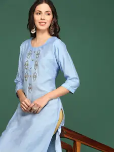 SHOWOFF Women Blue Embroidered Thread Work Kurta