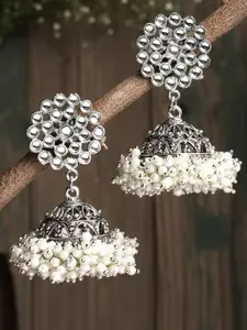 KARATCART Silver-Plated & White Contemporary Jhumkas