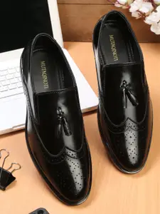 MUTAQINOTI Men Black Solid Leather Formal Slip-Ons