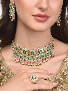 Zaveri Pearls Gold-Plated Pink & Green Beads Cluster Drops Kundan Choker Necklace Earring & Ring Set
