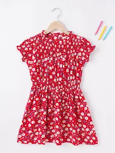 Ed-a-Mamma Girls Red Floral Fit & Flare Cotton Dress