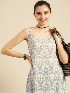 Sangria Women Cream-Coloured & Blue Printed Cotton Kurta