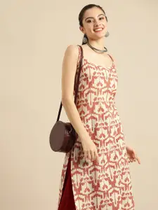 Sangria Women White & Rust Red Printed Cotton Kurta